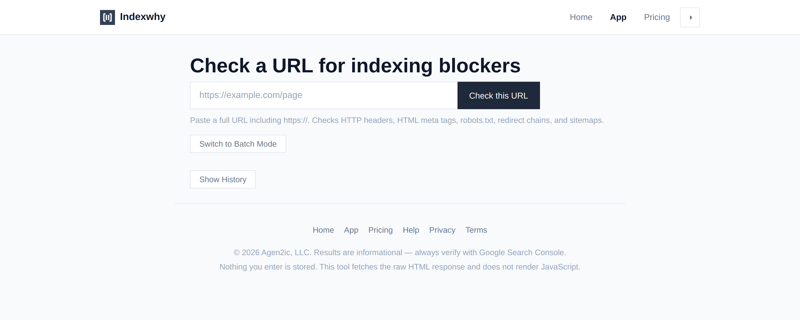 Screenshot of Indexwhy showing the URL input field with placeholder text, the 'Check this URL' button, and the app navigation for Home, App, and Pricing.